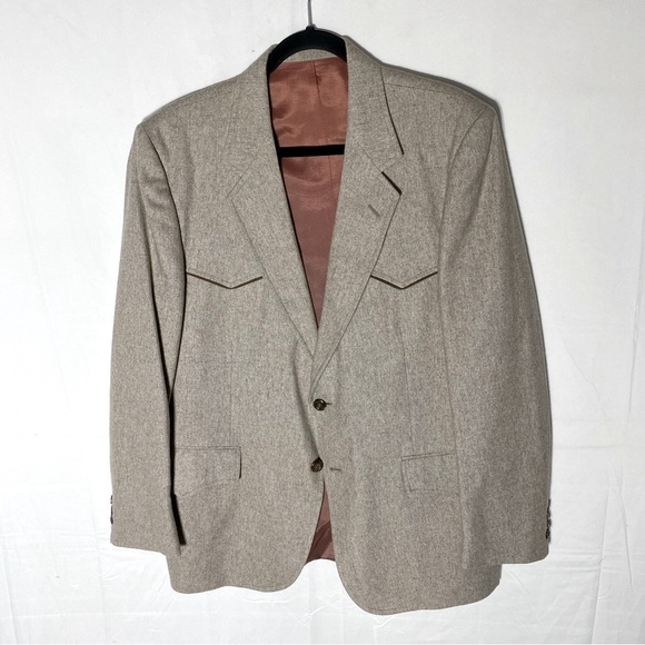 Vintage Other - Vintage Tan Beige Wool Blend Western Two Button Blazer 44R Cowboy Stampede Rodeo